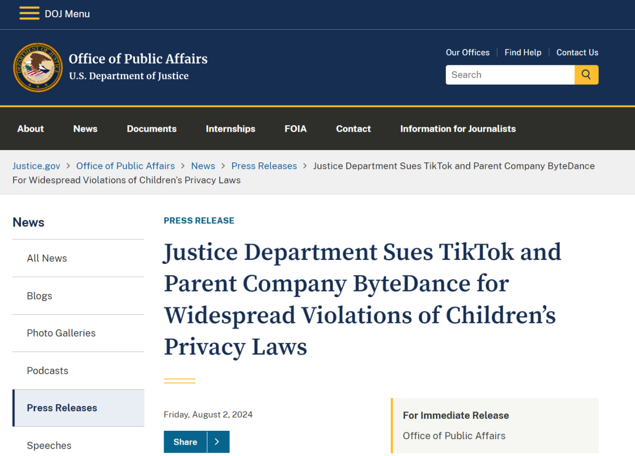 Chính thức: Bộ Tư pháp Hoa Kỳ kiện TikTok và Công ty ByteDance Bắc Kinh
