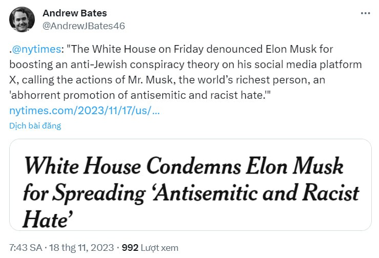 Nhà trắng tố Elon Musk thúc đẩy hoạt động chống Do Thái