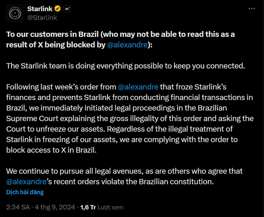 Tiếp vụ X bị đình chỉ ở Brazil: Dịch vụ Internet vệ tinh của ông Elon Musk chấp nhận “xuống nước”