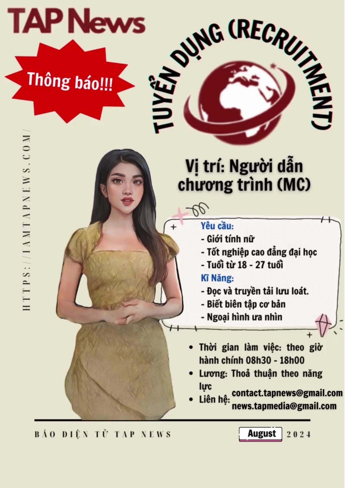 Thông báo: Báo điện tử TAP News tuyển dụng người dẫn chương trình