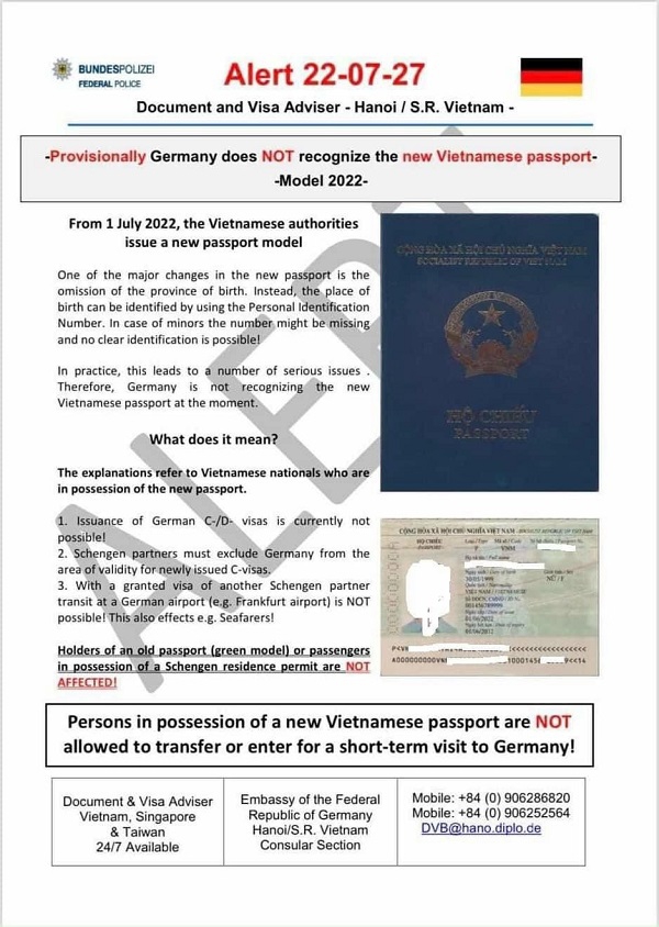 Hộ chiếu Việt Nam tạm thời không được công nhận ở Đức 