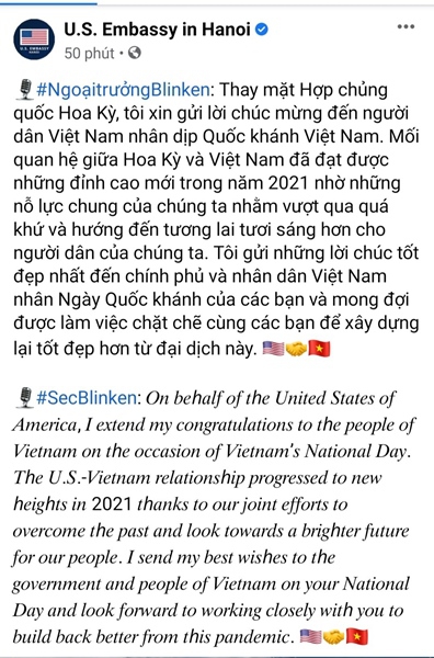 Ngoại trưởng Mỹ Antony Blinken gửi thông điệp chúc mừng Quốc khánh Việt Nam