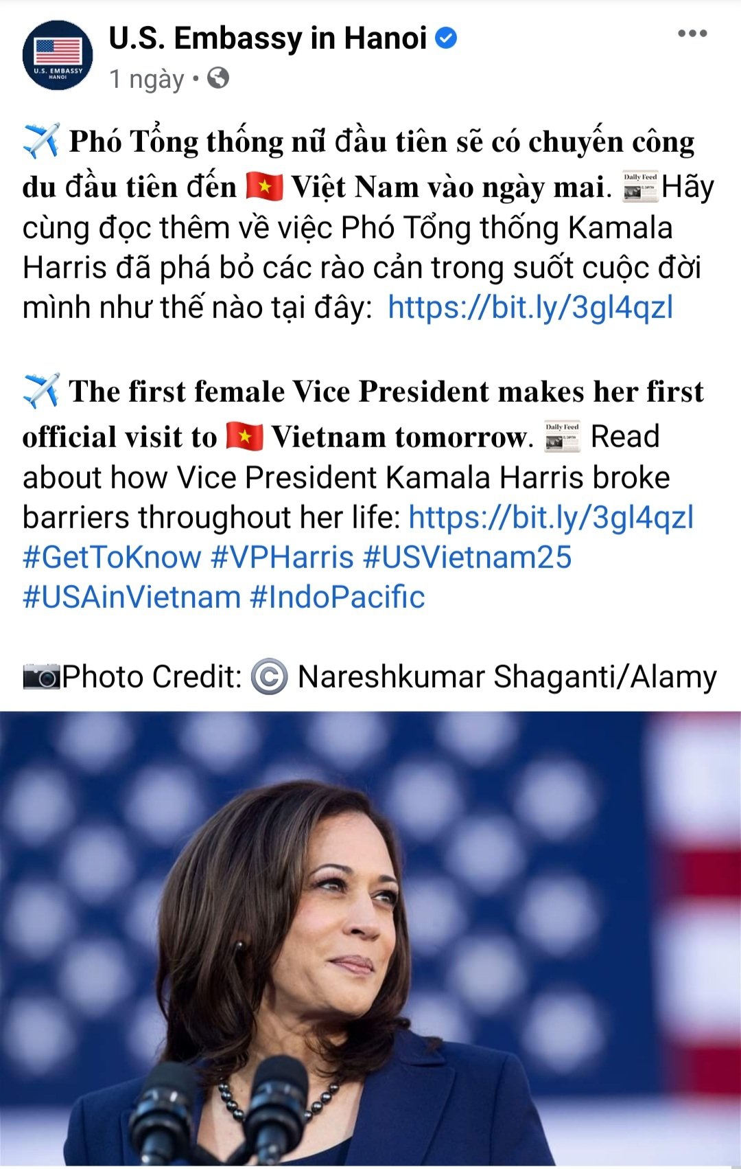 Phó Tổng thống Mỹ Harris kết thúc chuyến thăm Singapore và trên đường đến Việt Nam